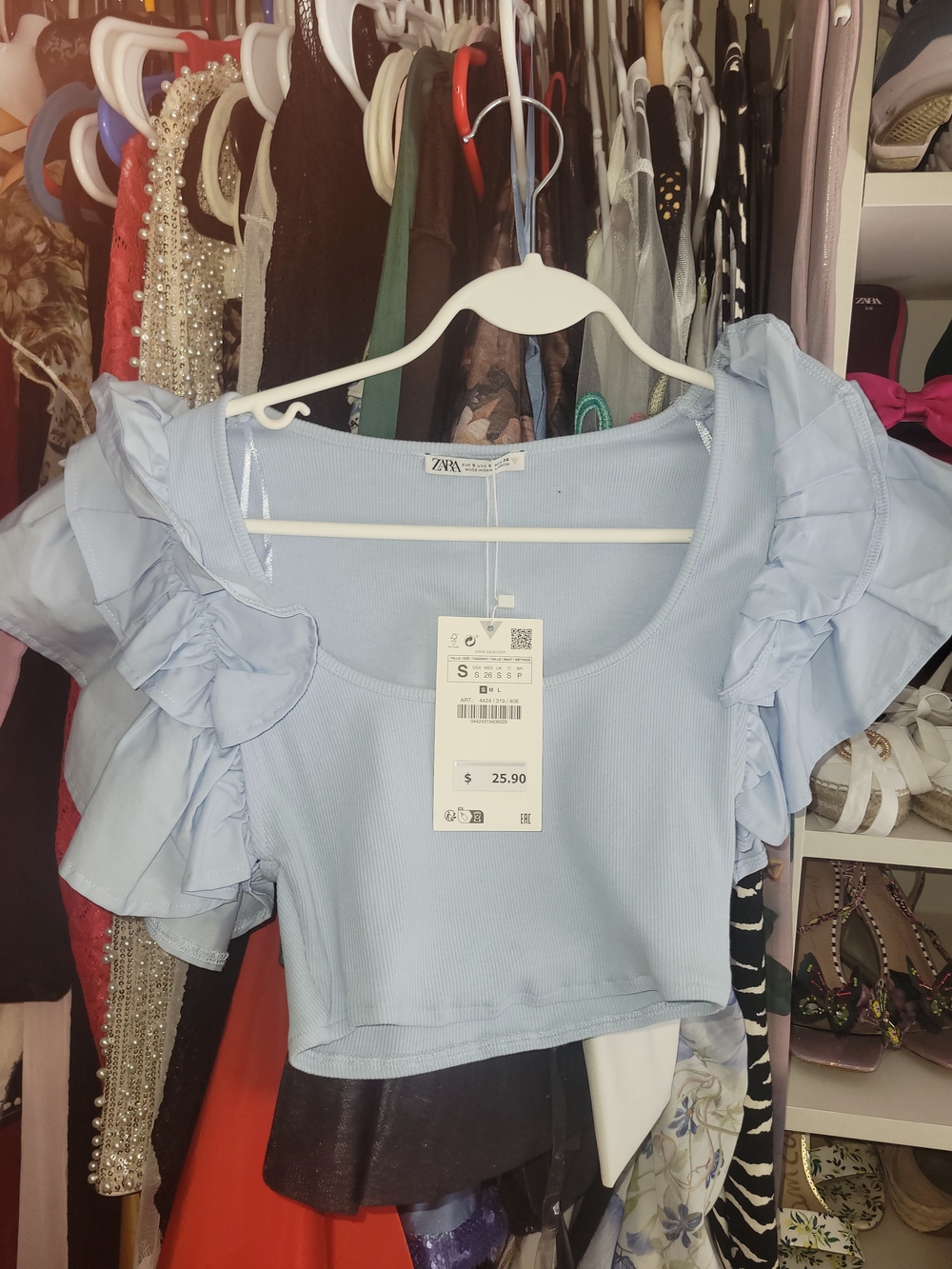 Zara Powder Blue Ruffle Sleeve Crop Top